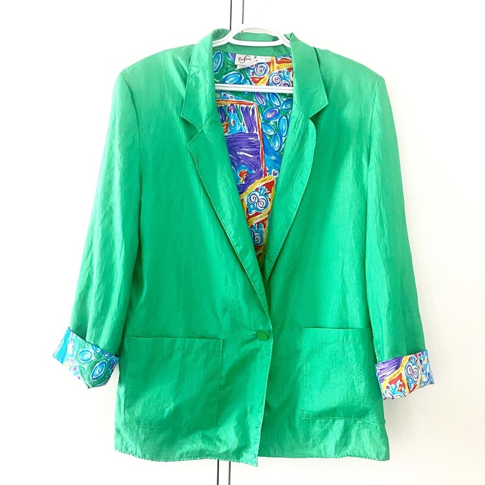 1980s green thin poly oversized blazer by Tan Jay